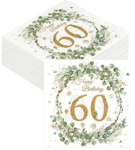 Servietten Eukalyptus 60 Geburtstag, 40 Stück Happy Birthday Servietten | Grün Gold, Salbeigrün, für Mann, Frau Party Tischdeko, 33 x 33cm