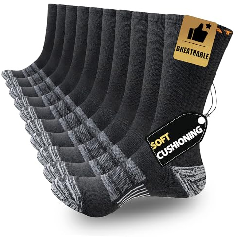 JOYNÉE 5 Pairs Mens Lightweight Athletic Crew Cushioned Breathable Work High Calf Long Boot Socks,Black,Sock Size:10-13