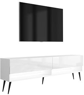 3E 3xE living.com Meuble TV 170 cm Blanc Mat/Blanc Brillant, Pieds obliques Noirs, LED Blanche, 170 × 32 × 52 cm