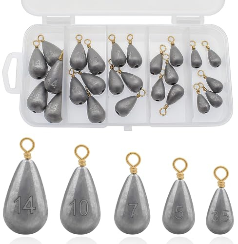 AstraGlam Angelblei Set mit Wirbel, 25 Stück in 5 Größen 3,5g 5g 7g 10g 14g, Drop Shot Blei Gewichte, Bass Casting Blei für Wels Angeln, Salzwasser und Süßwasser, Angel Zubehör