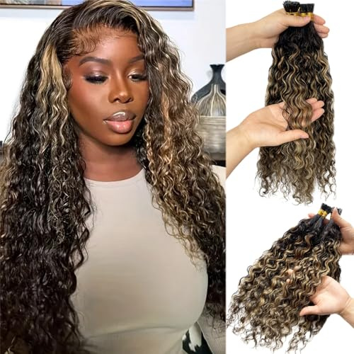1B27 I Tip Hair Extensions Human Hair Water Wave Pre Bonded Itip Curly Wet and Wavy Keratin Stick Tipped Extensions for Black Women 20 Inch Natural Color with Honey Blonde Highlights Micro Beads