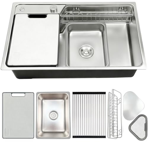 Fregadero De Cocina De Acero Inoxidable Cepillado, 1 Seno 80x50 Cm - Con 2 Orificios Para Grifo Y Desagüe En Lado Izquierdo - Incluye Tabla De Cortar Doble Cara Y Rejilla De Escurrir