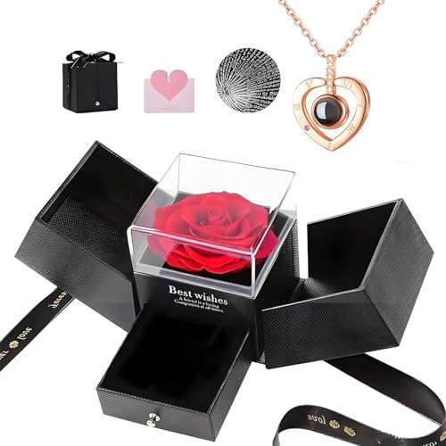 TopBine Preserved Red Real Rose, Eternal Flowers Rose Gifts for Mom Women Mother's Day gift with I Love You Necklace on Christmas Valentine's Day Anniversary Birthday Gifts