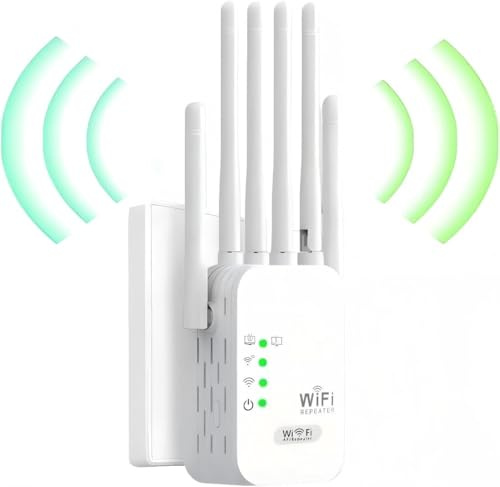 Repetidor WiFi,Amplificador señal WiFi, 6 Antenas, 2 Puertos LAN, repetidor de WiFi/Extensor WiFi, Cobertura de hasta 1200 Metros Cuadrados，fácil de Instalar (Blanco)