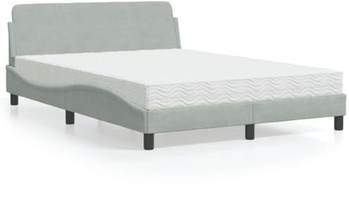 Bucmath Dover säng med madrass, ljusgrå 140 x 190 cm, sammetsöverdrag, vågdesign, komfortskummadrass H2/H3, furutram, sovrumsmöbler