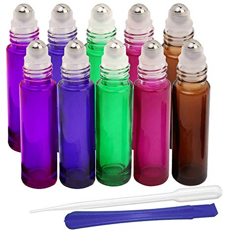 10 st, 10 ml glasrullflaskor, påfyllningsbara behållarrullar på flaskor för eteriska oljor, aromaterapi, doft, med flasköppnare och droppare, perfekt för hem- och reseanvändning (5 färger)