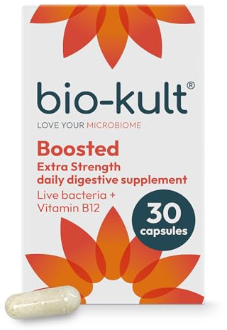 Bio-Kult Boosted Supplement, 14 Strains, Vitamin B12, 30 Capsules | Extra Strength Supplement, Live Strain & Digestive Support for Travel, Taking Antibiotics & More