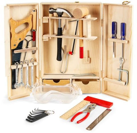 Leomark Deluxe Werkzeug für Kinder - 30-TLG - Holz Werkzeugkasten, Kompakter Werkzeugkoffer, Holzschrank mit Werkzeug, Holzkiste mit Zubehör