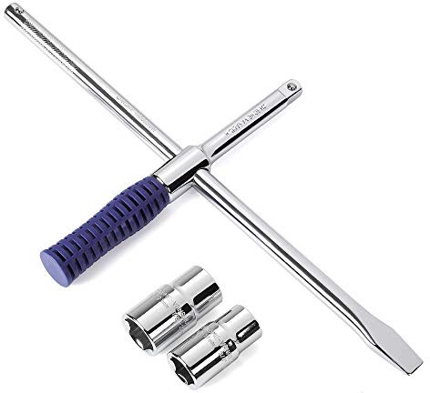 WORKPRO Teleskop-Radschlüssel mit 2 Einsätzen, Schlüssel 17/19 mm und 21/23 mm, 1/2-Zoll-Antrieb, ausziehbarer Schraubenschlüssel, universelles Reifenspannersatz-Set