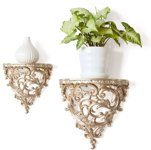 Cyrank Small Floating Shelves, Wall Mounted Decorative Shelves Europeann Style, Wall Display Organizer Flower Pot Stand Art Ornament Rack for Living Room Bedroom Kitchen