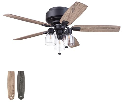 Prominence Home Magonia 52 Inch Flush Mount LED Ceiling Fan with Light, Pull Chain, Reversible Motor, 5 Dual Finish Blades, Matte Black