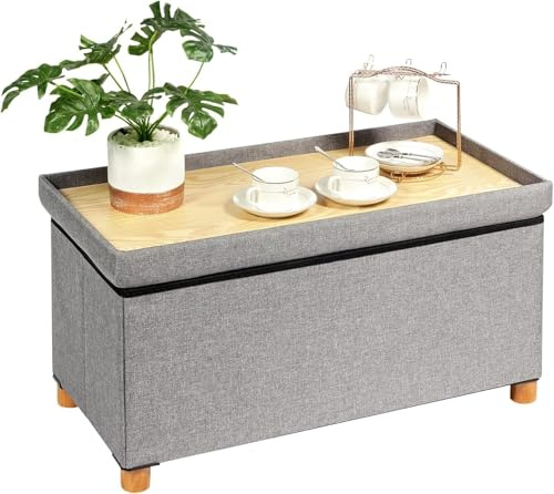 PINPLUS Ottoman with Storage Coffee Table, Grey Footrest-Stool Linen Chest with Tray, Large Storage Bench Foot Rest Ottoman for Bedroom End of Bed, Living Room, Hallway, 30x 15x 15