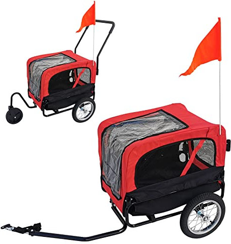 Red Loon Hundeanhänger Mini - Hunde Fahrradanhänger Jogger Rot, Stabiler Transporter 20kg Belastbarkeit, Convertible Jogging-Set, inkl. Universal-Kupplung und Regenschutz