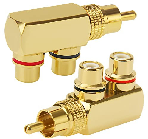 KUOQIY 2 PCS 90 Degree Right Angle RCA Splitter, RCA Male to 2 Female AV Splitter Adapter Connector, Gold Plated Jack Audio Video Y