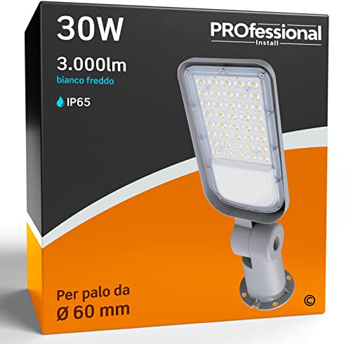 Eurocali 1x Lampada Stradale LED 30W Professionale Alta Efficienza Impermeabile IP65 3000 lumen - Luce Bianco Freddo 6500K - Fascio Luminoso 100°