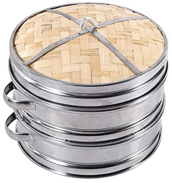 SYFUNLV Küche Bambus Dampfer,2 Etagen Bambus Dampfgarer mit Deckel 20 * 13cm Bambus Dampfkorb Dämpfaufsatz mit Edelstahlstreifenbildung für Reis, Dim Sum, Gemüse,Dumplings, Fleisch