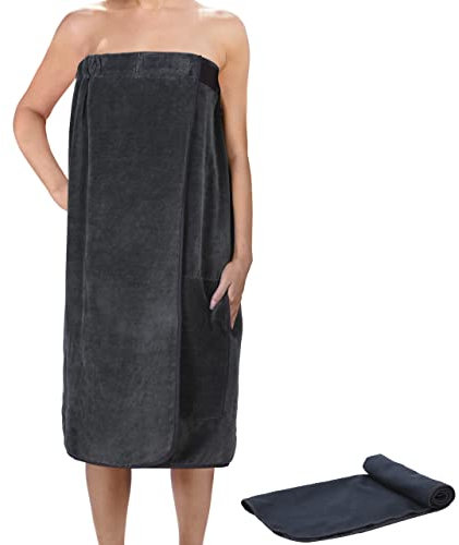 valuents Saunakilt für Damen aus Baumwolle – grau – one Size Saunahandtuch mit Klettverschluss 80x130cm +Plus: Handtuch