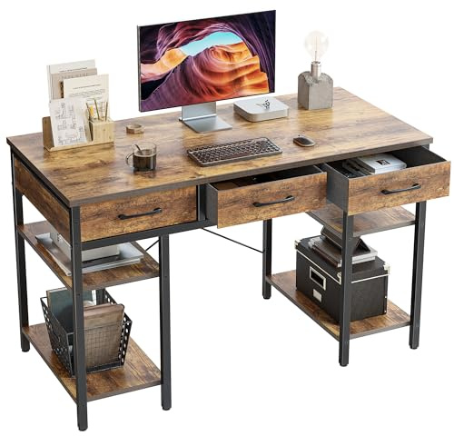 CubiCubi Computer Desk with 3 Drawers and Storage Shelves, 120cm Office Desk, Industrial Style Gaming Desk for Study, Bedroom, Living Room, Rustic Brown