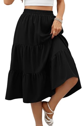 Lyrur Tiered Midi Skirts Womens Elastic Waist Summer Swing Ruffle Casual Black Skirts with Pockets(L,9193-Black)