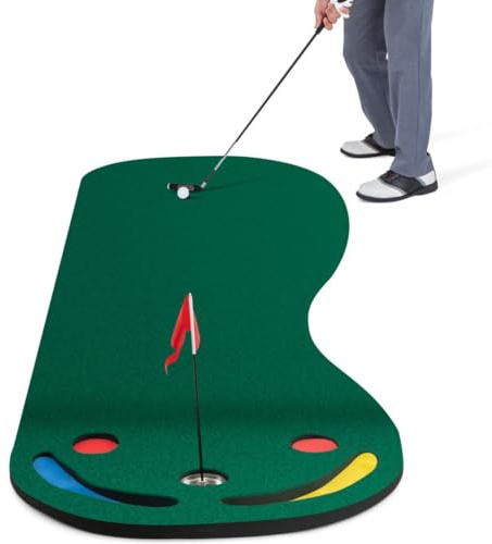 SPOTRAVEL Golf Putting Mat, Par Three Practicing Mat with 3 Putting Cups, 1 Flag & Golf Hole Covers, Hitting Trainer Mat for Home, Office