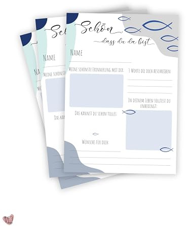 LittleVeeDesign 25 Gästebuchkarten mit christlichem Fisch in blau - Schön, DASS du da bist – perfekt zur Taufe/Kommunion oder Konfirmation als Alternative zum klassischen Gästebuch - in DIN A5