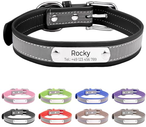 Reflektierend Halsband für Hunde aus Leder Personalisierte Hundehalsband mit Namen Gravur Schwarz Halsband mit Namenschild für den großen, mittleren Hund, Hundehalsbänder L