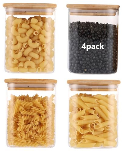 Oungy 4 barattoli con coperchio, rettangolari, 850 ml, borosilicato, con coperchio in bambù, rettangolari, in vetro, con coperchio in legno, per pasta, cereali, riso, tè, caffè, spezie