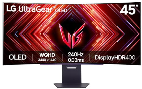LG UltraGear Curved OLED Gaming Monitor 45GS95QE, 45 inch, 1440p, 240Hz, 0.03ms Response Time, HDR 10, NVIDIA G-Sync compatible & AMD FreeSynce, Smart Energy Saving, DisplayPort, HDMI