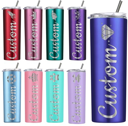 Amlion Personalisierter Becher – mit Lasergravur des Namens, 20 oz Edelstahlbecher, schmale Becher mit Deckel und Strohhalm als Geschenk für Frauen und Männer – 13 Farben und 42 Symbole