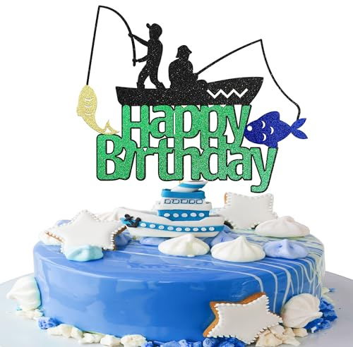 Sotpot Fishing Cake Topper Fisherman Design 1 Pack Cake Decorations for Fishing Theme Boys Men Birthday Party Supplies