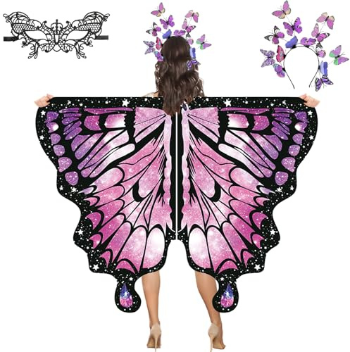 YOUYIKE 3 Set Schmetterling Kostüm Damen, Faschingskostüme Damen, Schmetterlingsflügel Erwachsene, Butterfly Top mit Schmetterling Haarreif Spitze Maske, für Karneval, Fasching, Mottoparty (Rosa)