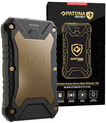 PATONA Protect Powerbank Extreme 100, 27.000mAh, PD 65W Schnellladung, IP66 | Externer Akku mit wasserdichtem IP66-Gehäuse, kabellose Ladefunktion – Powerstation für unterwegs