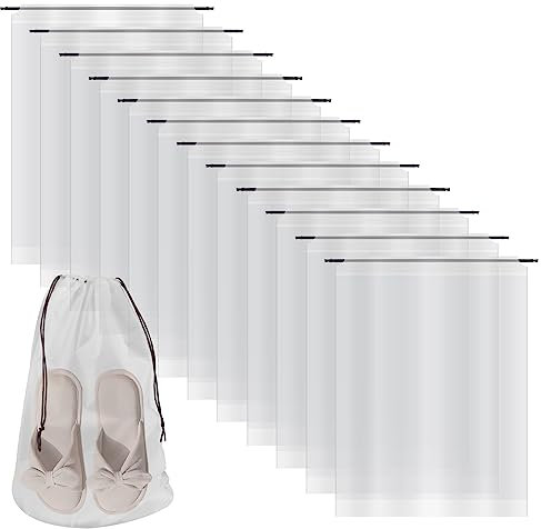 JYiuog 12 Stück Transparente Schuhtaschen mit Seil, tragbare Aufbewahrungstasche für Reisen, große Schuh Organizer, Aufbewahrungstasche mit Kordelzug (Weiß, 30x40cm)