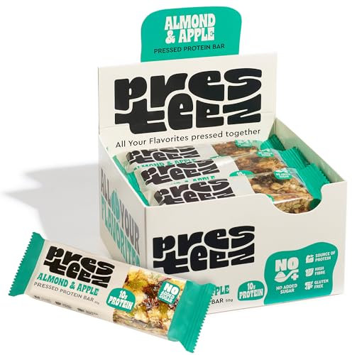 Presteez Almond & Apple Gut Friendly 50g Energy Bars - No Added Sugar or Sweeteners, Gluten Free, High Fibre, Protein Enhanced Healthy Snacks, 10g Protein, 7.7g Fibre, 12 Pack