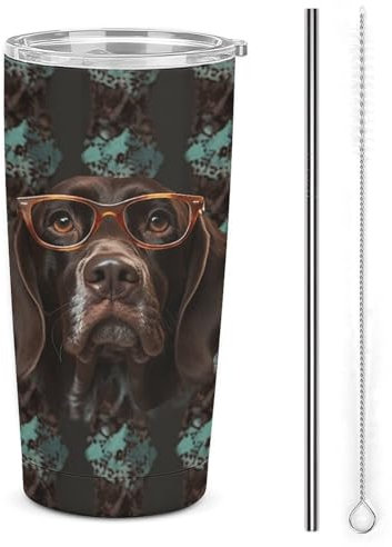 YHEGBFD Isolierter Reise-Kaffeebecher aus Edelstahl, kurzhaariger Hund in Brille, auslaufsicherer Becher, Edelstahl-Autobecher mit Deckel und Strohhalm