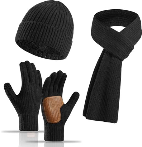 INQUIRLLY Damen Winter Warm Mütze Touchscreen Handschuhe und Lang Schal Set mit Dick Fleece Gefütterte, Thermo Wintermütze Strickmütze Beanie mit Bommel Schals Winterhandschuhe Strickhandschuhe