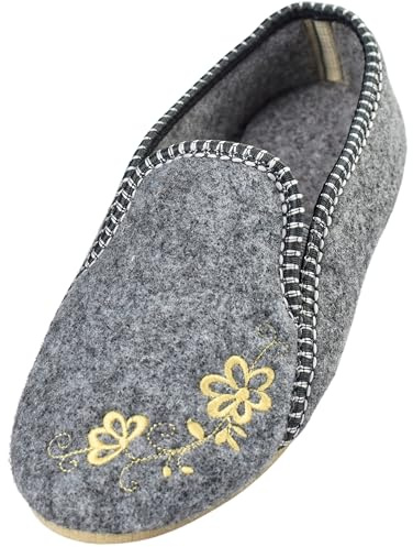 APREGGIO Chaussons Femme Feutre - Pantoufles Chaudes Semelle Caoutchouc -Graue Broderie - Tailles 40