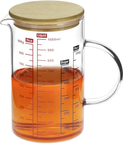 QWORK® 1L Borosilicate Glass Measuring Cup with Bamboo Lid, Multiple Scale, Heat and Cold Resistant, Microwave Safe for Baking