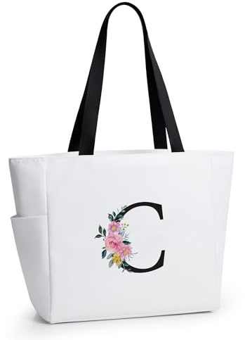 KALIDI Bolsa de playa personalizada, regalo del alfabeto inicial, bolsa de comestibles con cremallera para mamá, profesora, amiga, boda, compras diarias