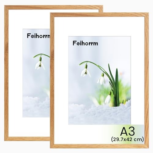 Feihorrm Bilderrahmen, A3 Fotorahmen aus Eiche, Mit gehärtetem Glas, Für 29,7x42 cm-Fotos ohne Passepartout oder 20x28,7 cm-Fotos mit Passepartout (Beige, A3 (29,7x42 cm)/ 2x)