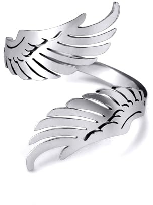 Dishowme Anillo de Alas de Ángel Guardián Abrazo Alas Anillo de Nudillos Vintage Plumas Banda de Articulación del Dedo Joyería Ajustable para Mujeres Hombres, Acero aleado, Sin piedras preciosas
