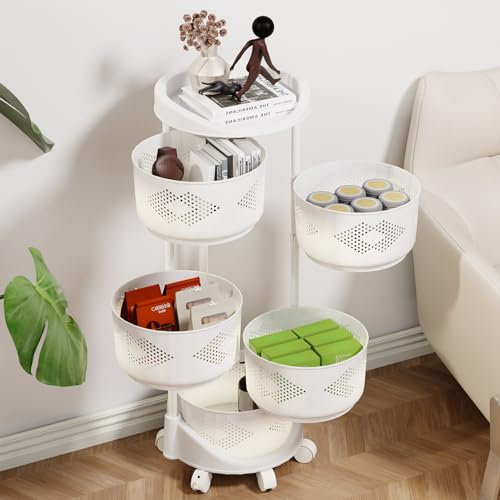 Cesto per frutta e verdura, a 5 ripiani, girevole da cucina, con ripiani circolari su ruote, cestino per frutta in plastica mobile, per cucina (bianco)