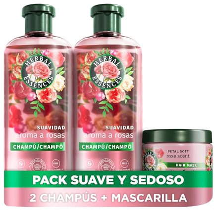 Herbal Essences Champú Aroma A Rosas 2x350ml + Mascarilla 500ml. Ayuda A Suavizar E Hidratar El Pelo Seco. Con Esencia De Rosas. De Origen Natural*