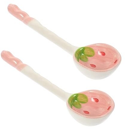 Cucharas de Sopa de Cerámica Rosa 2 Piezas Mango Largo | Patrón de Frutas Cartoon, Diseño Decorativo y Encantador, para Restaurante y Hotel