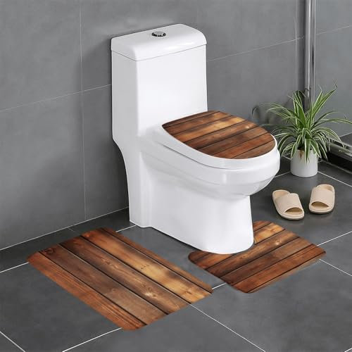 FLYIFE Braunes bedrucktes Badezimmermatten-Set aus Holz, 3-teilig, Flanell, rutschfest, wasserabsorbierend, Badezimmerteppich-Set mit U-förmiger WC-Vorleger und WC-Deckelbezug