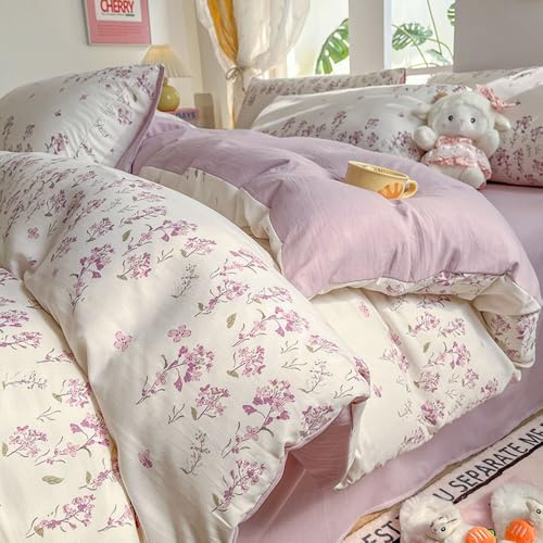 Covebett Bettwäsche 135x200 4teilig Lila Weiß Blumen Blätter Pflanzen Muster Bettbezug Blumenmuster Aesthetic Weiche Mikrofaser Renforcé Wendebettwäsche Set mit Reißverschluss und Kissenbezüge 80x80cm