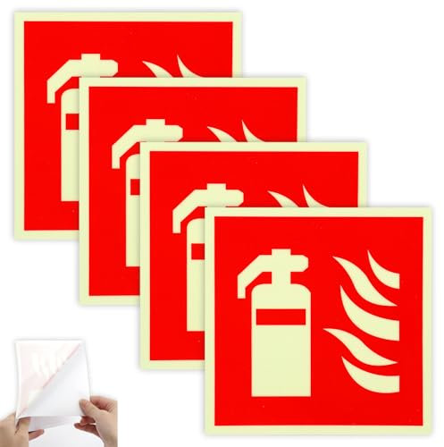 4 Stück Selbstklebend Feuerlöscher Schild, PVC Nachleuchtend Feuerlöscher Aufkleber, Hinweisschilder Feuerlöscher 15 x 15cm, Piktogramm Feuerlöscher für Haus, Büro, Krankenhaus