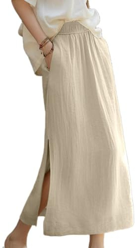 IDEALSANXUN Linen Skirts for Women 2025 Spring Summer Casual Lightweight Elastic High Waisted Cotton Midi Skirt with Slit, Beige, M