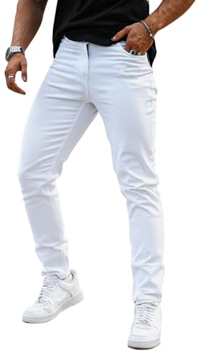 GINGTTO Jeans Homme Slim Blanc Stretch Pantalon Denim Élastique 28W