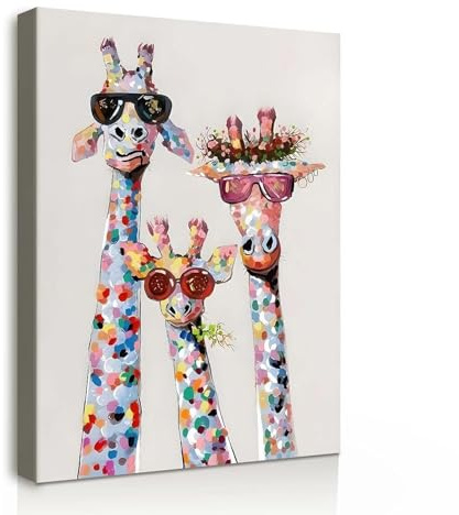 Leinwand Bilder Wandbild 30x40 cm mit Rahmen – Bunte Giraffen im -Design, Kunstdruck auf Leinwand, Ideal für Wohnzimmer, Schlafzimmer oder Kinderzimmer, Mit fixierten Haken und ohne Spuren Nägeln